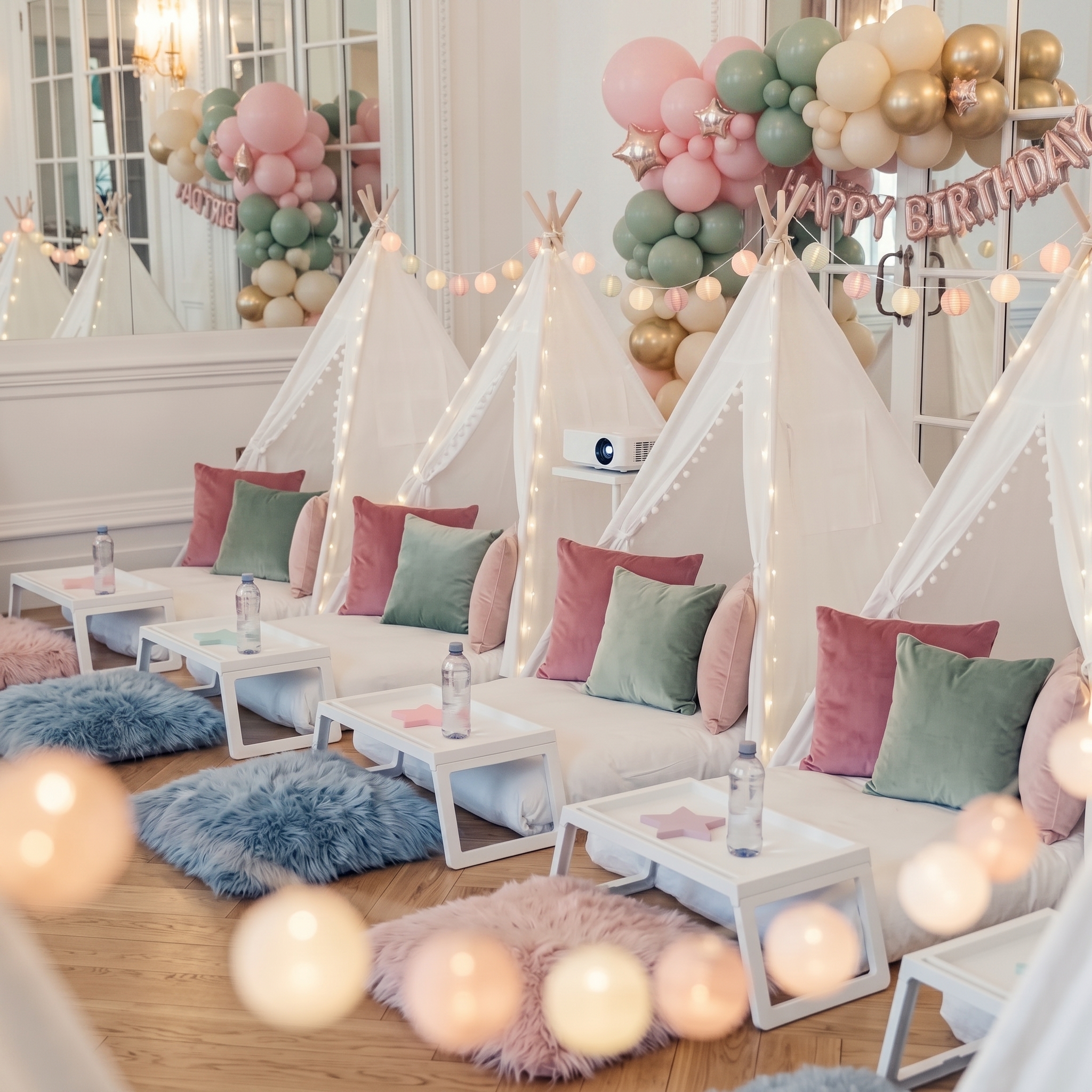 Movie night celebration with a row of pillow-lined teepees strung with soft paper lanterns