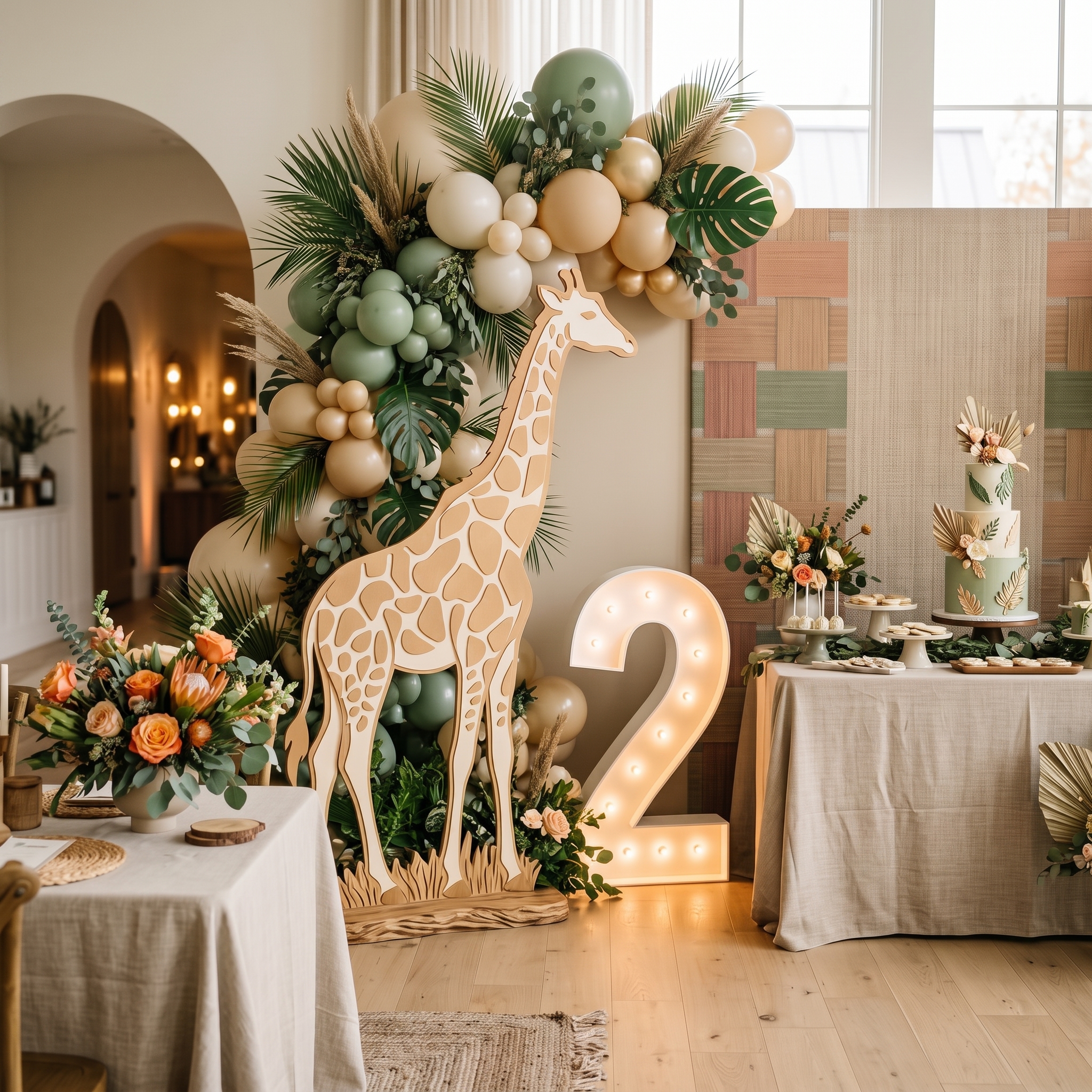 Safari themed birthday with a wooden giraffe silhouette and a sage green balloon garland
